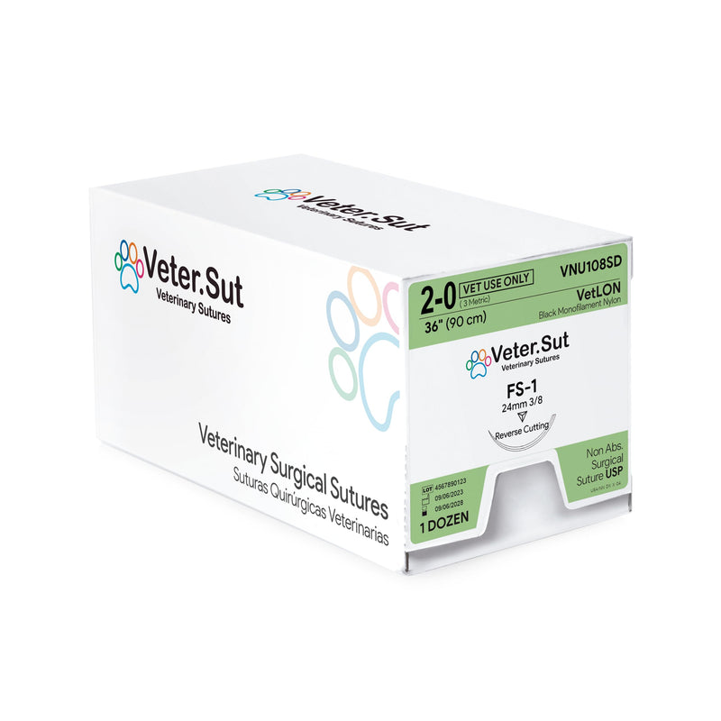 [Australia - AusPower] - VeterSut VetLON Non-Absorbable Nylon Surgical Suture USP Size 2-0, (FS-1) 3/8 24mm Reverse Cutting Needle, 36 Inches (90 cm), 12 Count, Veterinary Use 