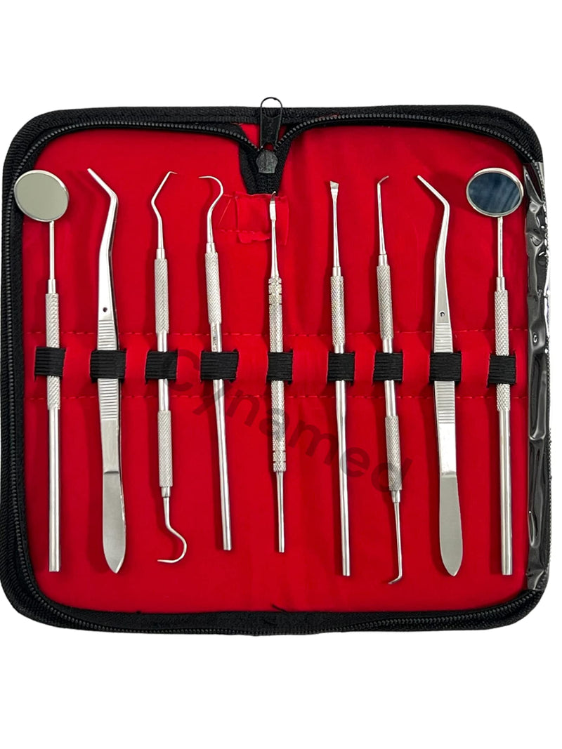 [Australia - AusPower] - GERMAN Dental Hygiene Kit 9 Piece Dentist Tools Anti Fog Mirror Dental Scaler Tarter Scraper Dental Pick Dental Tweezers for Calculus and Tartar Removal Gum Health Teeth Cleaning 