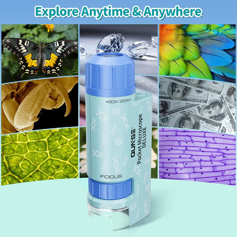 [Australia - AusPower] - Kids Pocket Mini Portable Handheld Microscope 60x-120x,with 5 Slides Specimens,Microscope for Kids Gift Packaging, Presents,Christmas, Birthday (Blue) Blue 
