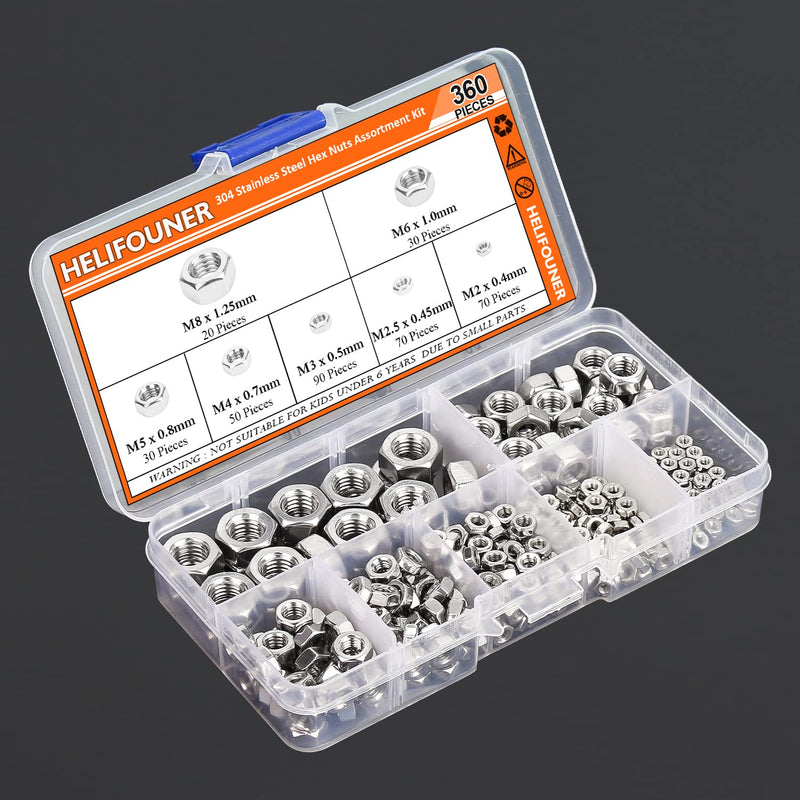 [Australia - AusPower] - 360 Pieces 7 Sizes 304 Stainless Steel Hex Nuts Assortment Kit (M2 M2.5 M3 M4 M5 M6 M8) 