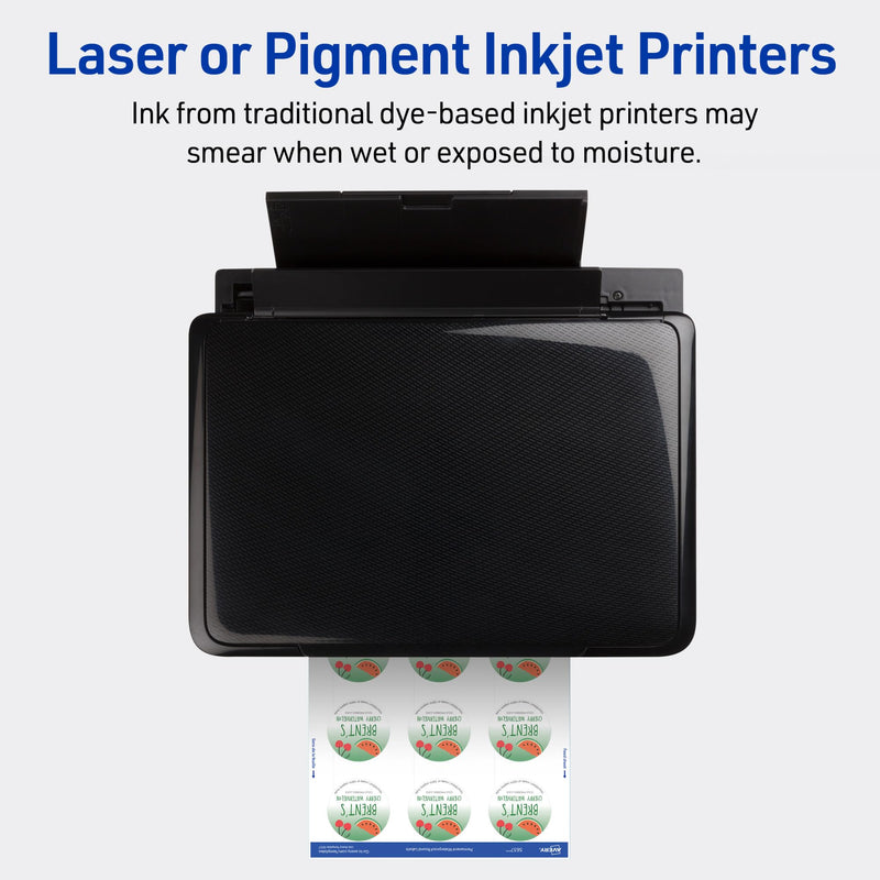 Avery Durable Waterproof Labels, Sure Feed Technology, 2" Diameter, Matte White, Laser/Pigment-Inkjet Printable, 96 Blank Labels, Great for Food Containers, Product Merchandising, and More (5657) 96 labels