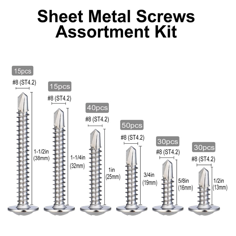 [Australia - AusPower] - 180pcs #8 Sheet Metal Screws Assortment Kit, 410 Stainless Steel Self Tapping Screws for Metal, Self Drilling Screws, 6 Sizes (1/2", 5/8", 3/4", 1", 1-1/4", 1-1/2") Modified Truss Head 