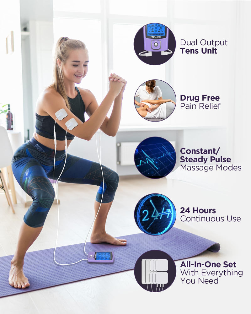 [Australia - AusPower] - TENKER TENS Unit Muscle Stimulator, 24 Modes TENS EMS Machine for Pain Relief Therapy/Pain Management, Rechargeable Electronic Pulse Massager with 2"x2" and 2"x4" TENS Unit Electrode Pads A-purple 