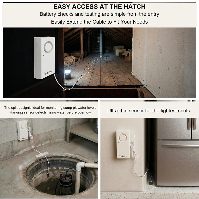 Topvico Water Leak Detectors for Home, Basements, Sump Pump, Under Sink, Moisture Alarm Sensor, 120dB Battery Operated Flood Alert, 3 Pack (95 Inch Cable) 3 Sensor (95 Inch Cable)