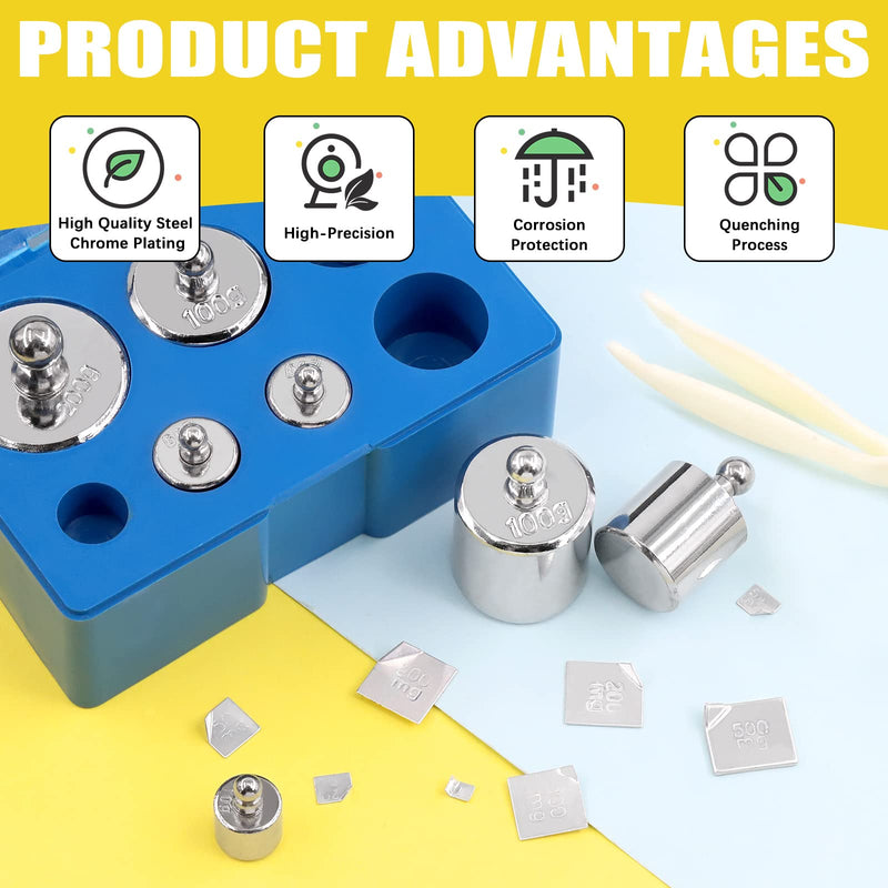 16pcs Precision Scale Calibration Weight Set 10/20/50/100/200g, 500/200/100/50/20/10mg Steel Weights Calibration with Tweezers for Digital Scale, Jewelry Scale (Total 500g)