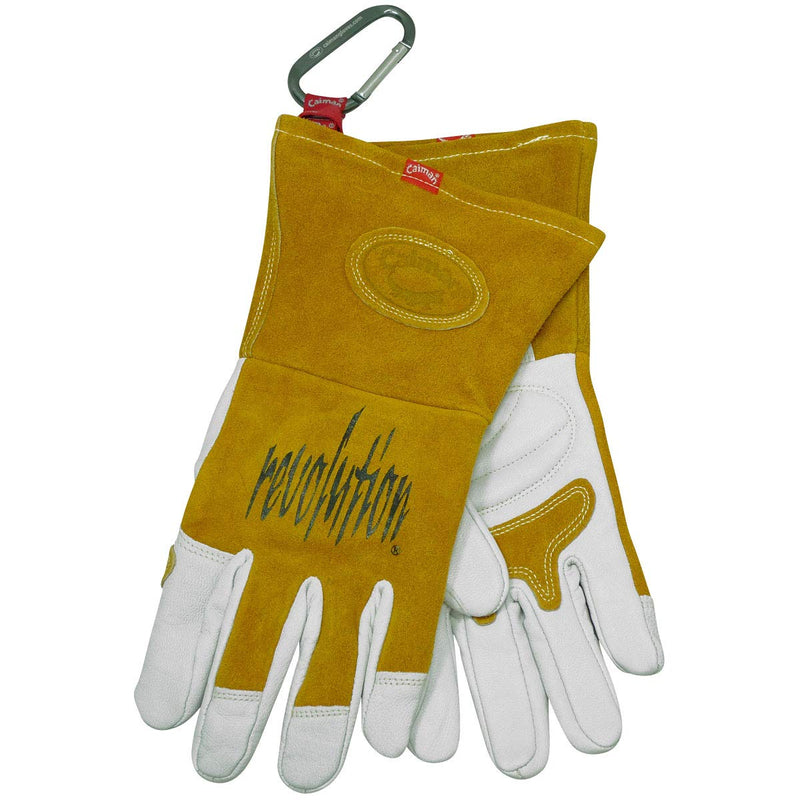 Caiman Premium Goat Grain TIG/MIG Welding Gloves, Split Cowhide Back, Flame Resistant Back, Unlined, Kontour, Kevlar, White/Gold, Medium (1868-4) Gold/White