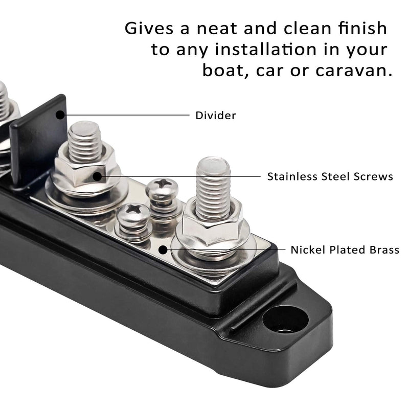 RECOIL BBPG4 Bus Bar Positive and Negative 4 x 5/16” Studs and 4 x #8 Screw Terminals Power Distribution Block Busbar with Ring Terminals 250 Amp Rating