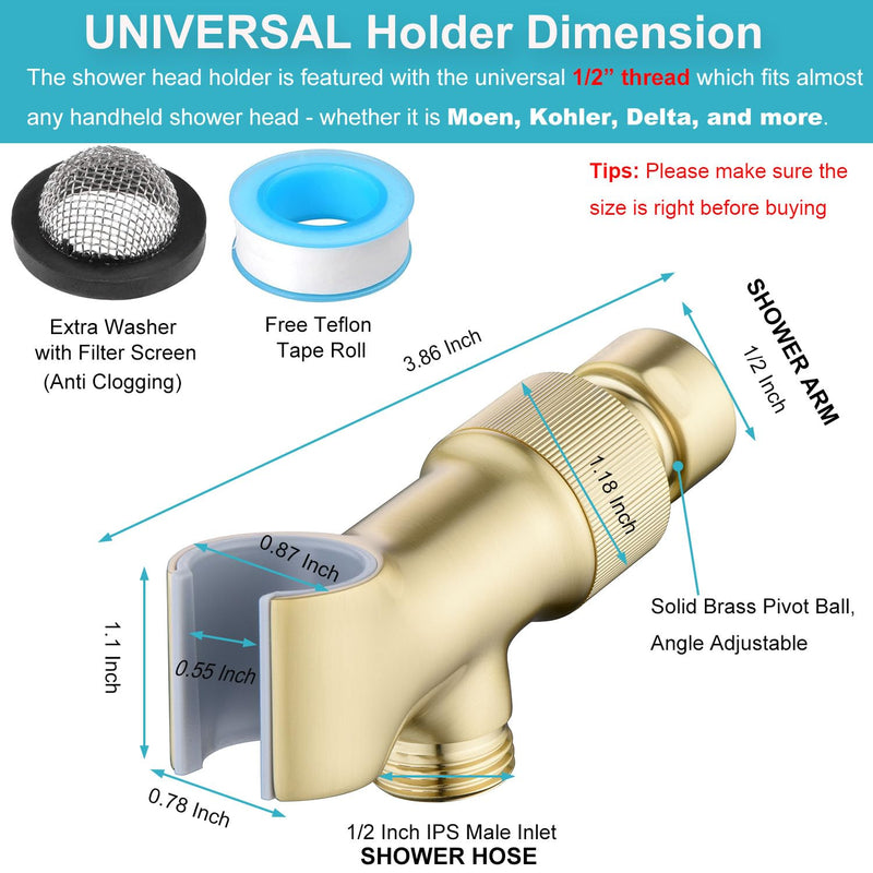 Shower Head Holder All Metal Adjustable Handheld Shower Arm Mount, 1/2" Shower Hose Holder Fits Most Hand Showerheads, Brass Hand Held Shower Head Holder , Easy to Install(Brushed Gold) Brushed Gold