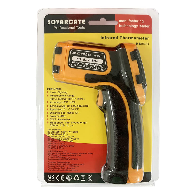 [Australia - AusPower] - Infrared Thermometer -58℉～1112℉(-50℃～600℃) Non-Contact Laser Temperature Gun Digital Adjustable Emissivity IR Temp Gun - for Cooking, BBQ, Food, Fridge, Pizza Oven, Engine - Meat Thermometer Included 