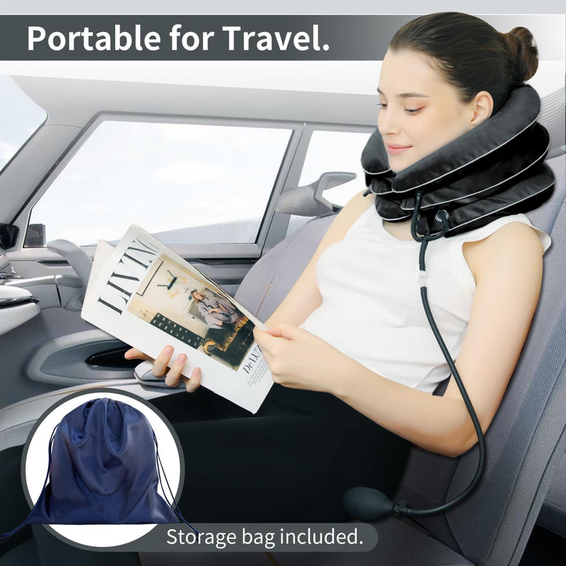 [Australia - AusPower] - Cervical Neck Traction Device for Neck Pain Relief - Inflatable Neck Stretcher Traction Collar for Neck Decompression - Best Home Use Neck Brace, Neck Traction Pillow, Neck Pump (Black Plush) 