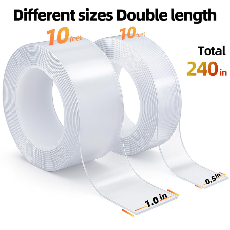 AUDTMWH Double Sided Tape Heavy Duty - 240" x 1" & 0.5" - Removable Nano Tape for Poster Carpet Picture Hanging Strip Rug Wall Outdoor - Clear & Strong Adhesive Multipurpose Mounting Tape