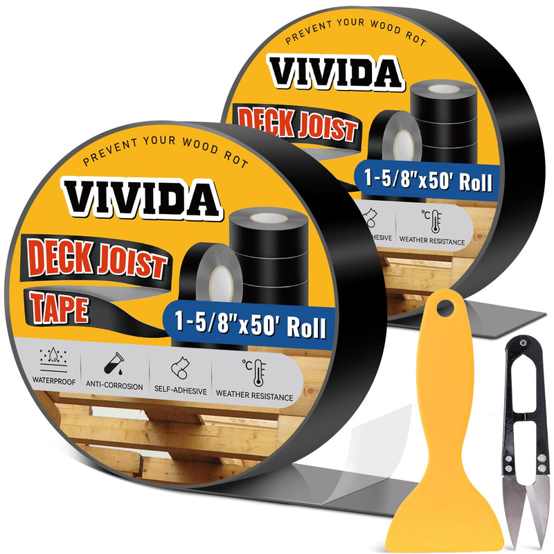 VIVIDA Butyl Joist Tape for Decking 1-5/8" × 50' (2 Roll), Waterproof Deck Joist Butyl Sealant Tape for Wood Beams, Roof 1-5/8"×50′ (2 Rolls)
