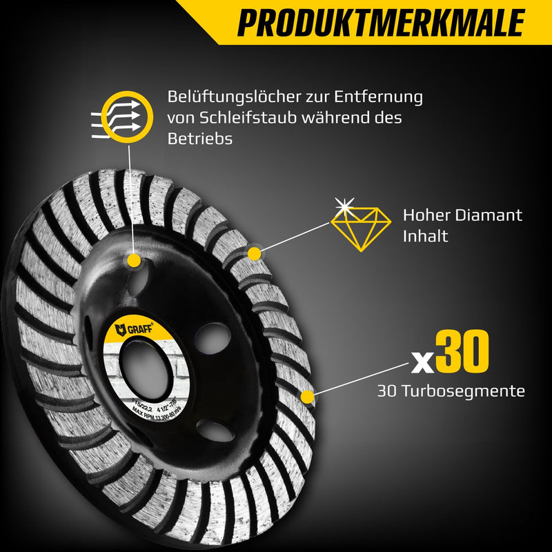 [Australia - AusPower] - GRAFF Diamond Grinding Disc 115 mm for Angle Grinders - Diamond Cup Wheel for Stone, Concrete, Tile Adhesive, Granite, Masonry - Professional Turbo Sanding Disc Diameter 115 mm - Turbo grinding wheel 