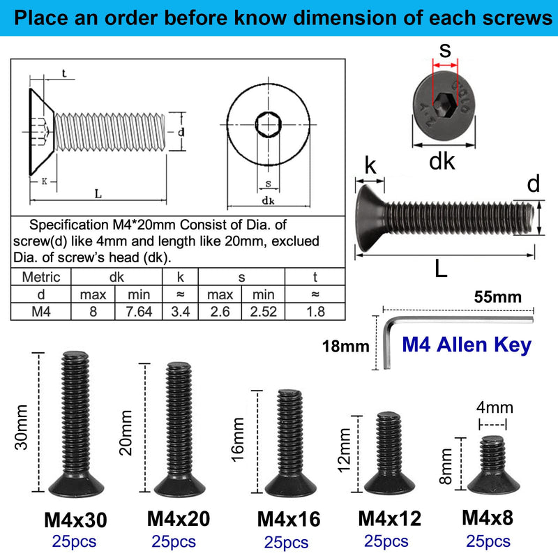 [Australia - AusPower] - 125PCS Grade 10.9 Alloy Steel Flat Head Hex Socket Cap Screws Bolts, M4 x 8/12/16/20/30mm Allen Head Hex Drive Machine Screws Set with Hex Key, Black Oxide Finish, Fully Threaded Pitch : 0.7 mm 125pcs-M4 x 8/12/16/20/30 