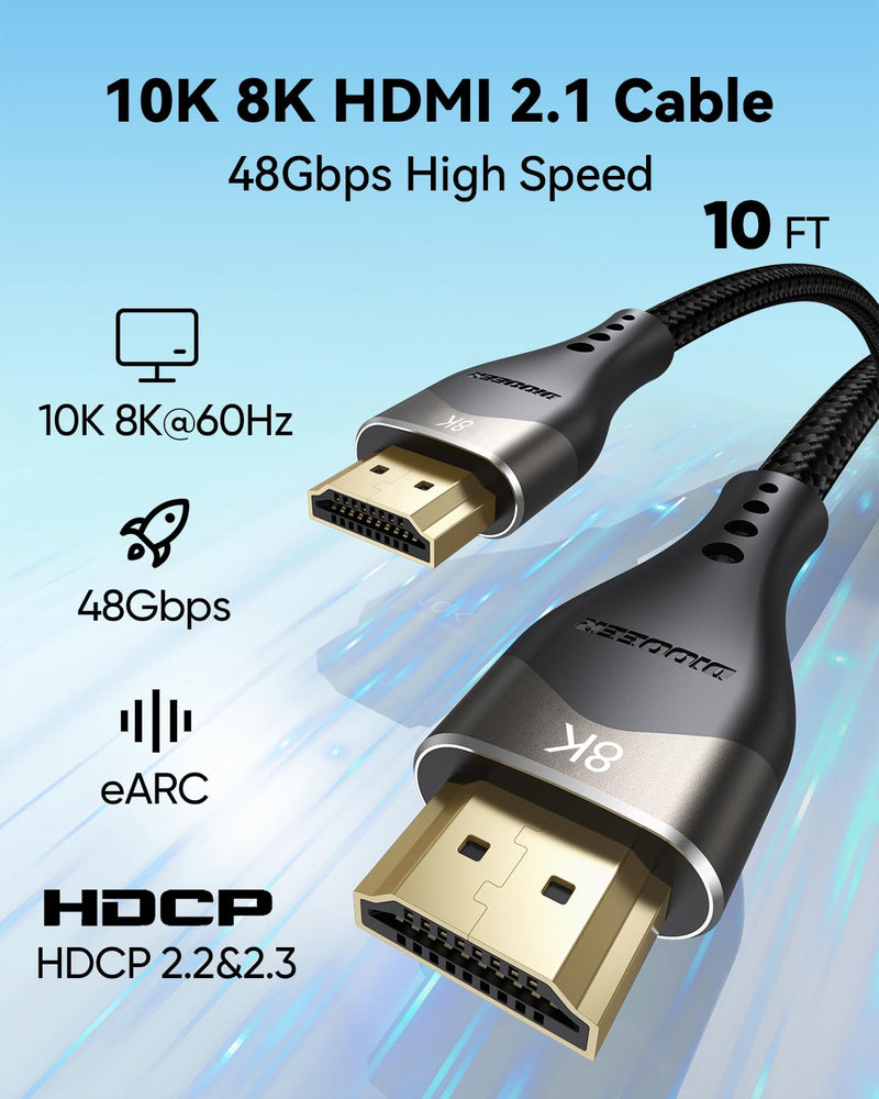 10K 8K HDMI Cable 10 FT 5-Pack, HDMI to HDMI 2.1 Cable 10 Foot Ultra High Speed Braided Cord (48Gbps, 8K@60Hz, 4K@120Hz, HDCP2.3, DTS:X, 3D, eARC, HDR10) for Monitor, HDTV, Projector 10FT