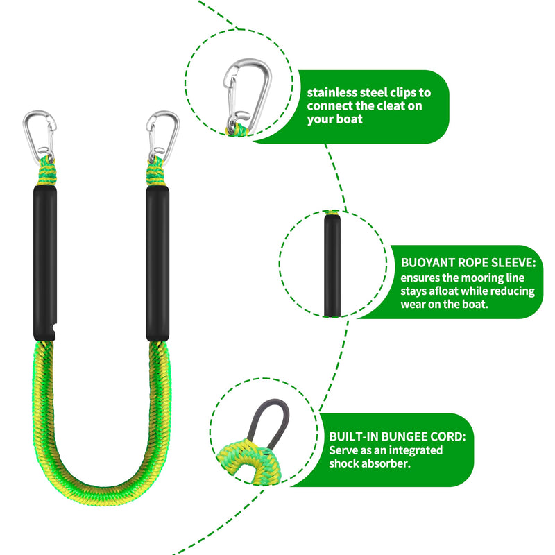 Bungee Dock Lines for Boats, Non-Sink Floating Rope with Double Hooks, Heavy Duty Boat Tie Downs for Dock for Pontoon Jet Ski (Green & Yellow, 4FT) Green & Yellow