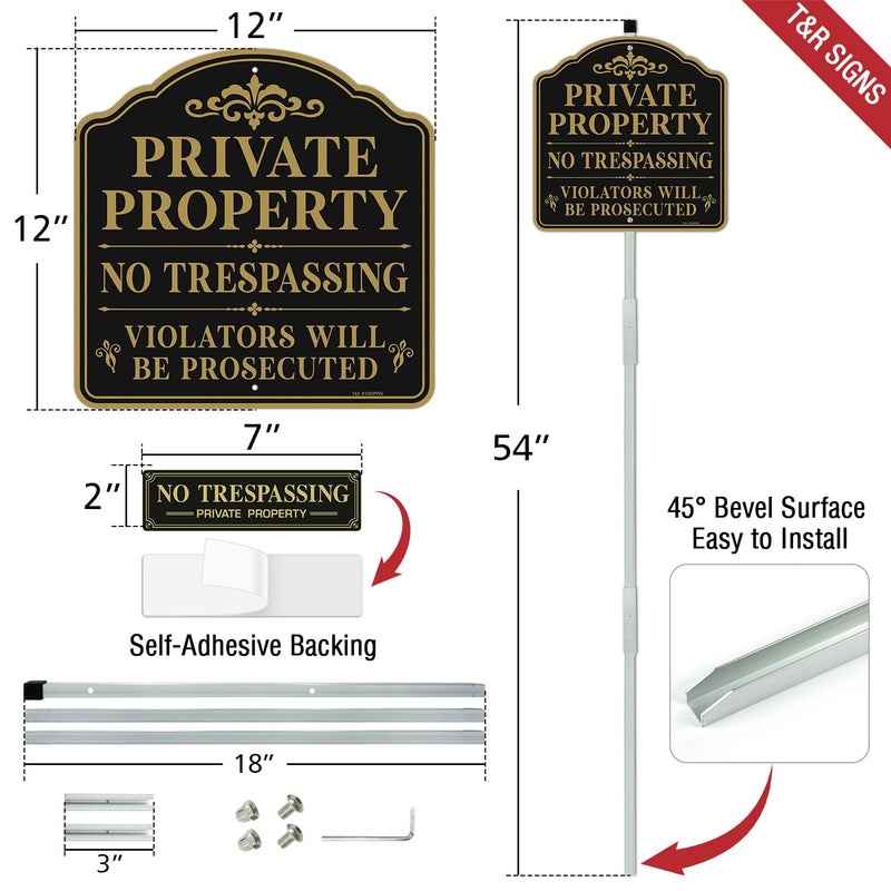 T&R Large Private Property No Trespassing Sign Violators Will be Prosecuted with 54" Stake for Outside - 2 Pack - 12"x12" .040 Rust Free Aluminum, Reflective, Waterproof, Weatherproof and Fade Resistant, 2 pre-drilled holes,Includes Matching Screws & W...