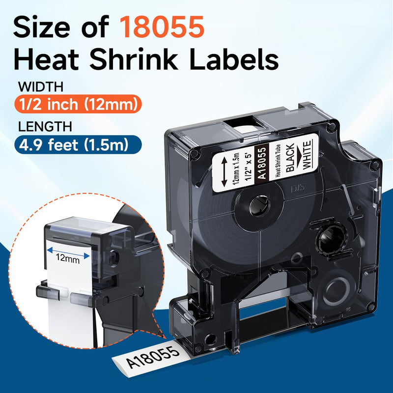 Compatible with DYMO 18055 Rhino 4200 1/2" Heat Shrink Tube Labels 12mm A18055 Use for DYMO Rhino 5200 5000 4200 3000 Industrial Label Maker, Black on White,1/2" x 4.9', 5-Pack 1/2‘’