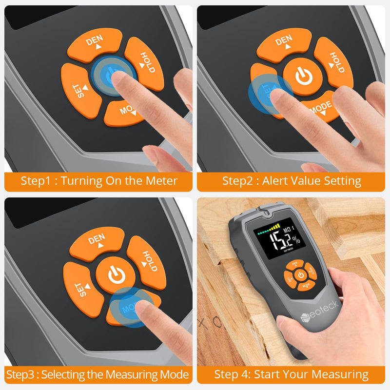 [Australia - AusPower] - Neoteck Pinless Moisture Meter Non-Destructive Wood Moisture Meter Wood Moisture Detector with LCD Display Sound Alarm for Walls, Drywall, Wood, Masonry, Woodworking, Plaster, Floor, Concrete 