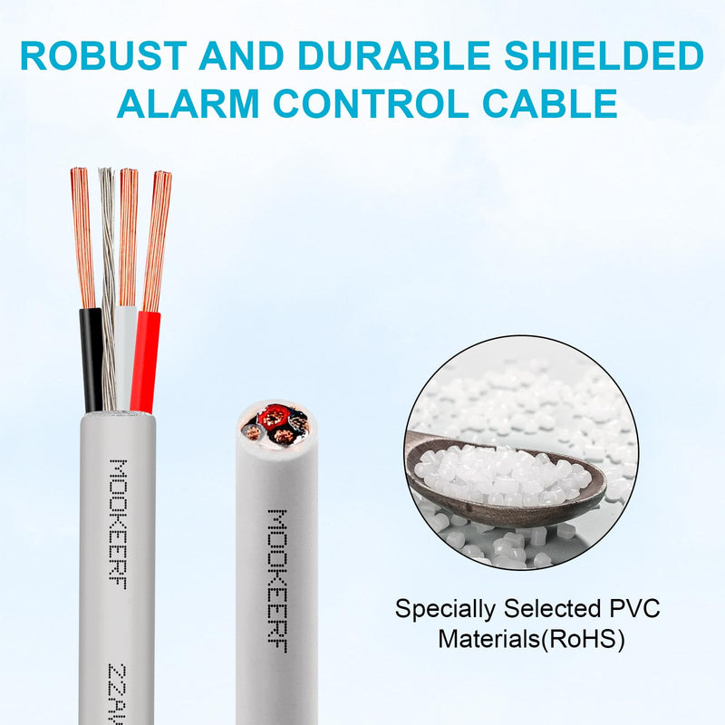 MOOKEERF 22/3 Shielded Wire 22 AWG 3 Conductor Stranded Shielded Plenum Cable 100FT White CL3P Jacket for Security/Alarm/Access Control/Sound-22AWG 3 Conductors Wire