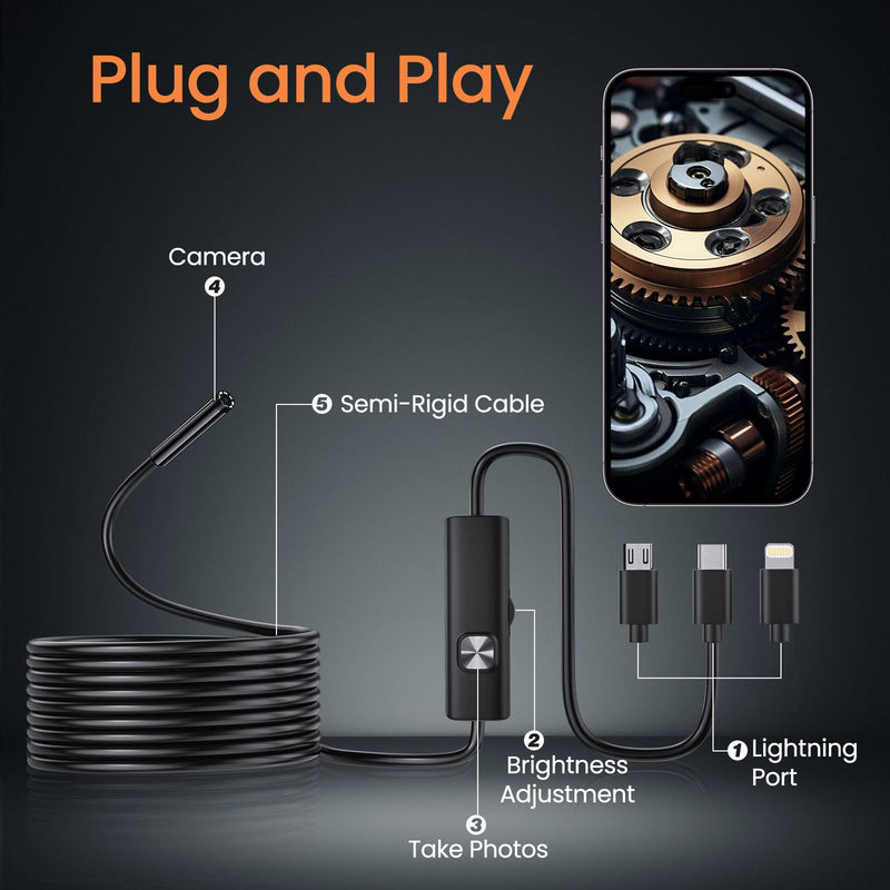 [Australia - AusPower] - Endoscope Camera with Light, HD Borescope with Dimmable LED Bulbs, 16.4ft Semi-Rigid Snake Camera for iOS & Android, IP67 Waterproof Boroscope Inspection Tools for Sewer, Cool Gadgets for Men 