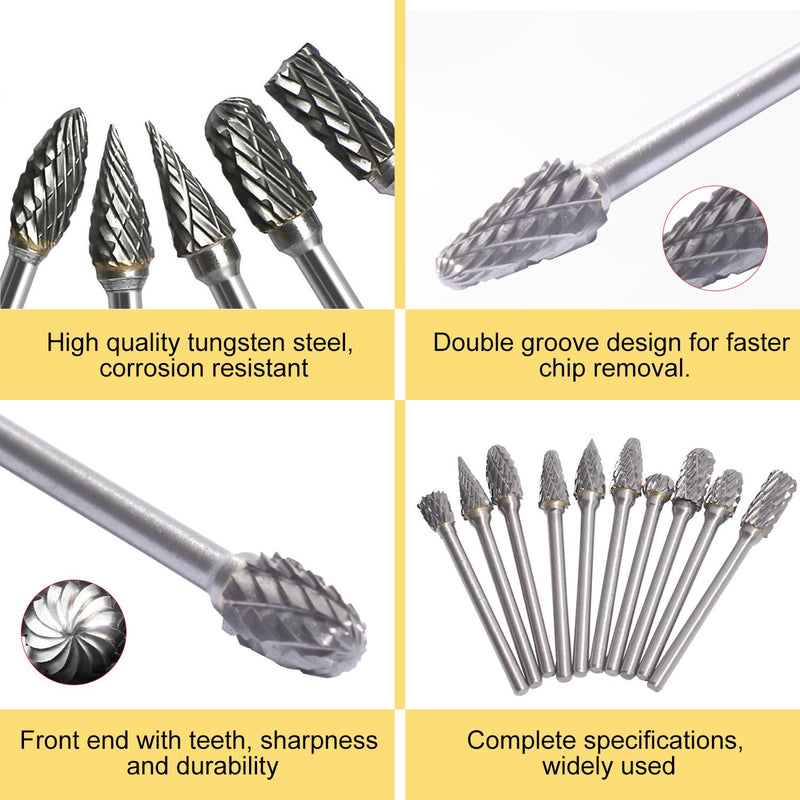 [Australia - AusPower] - EUZUXU 10Pcs Tungsten Carbide Rotary Burr Set for Rotary Tool, for Wood Metal Grinding Engraving Polishing 