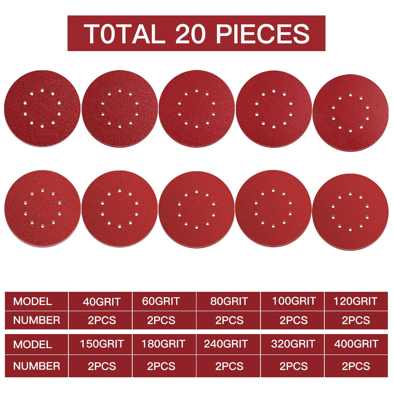 [Australia - AusPower] - ZHJAN Pack of 20 Sanding Discs, 225 mm/9 inch/10 Hole Velcro Sandpaper Set, 2XP x 40/P60/P80/P100/P120/P150/P180/P240/P320/P400 for Drywall Sanders, Ceiling Sanders, Sanding Discs ZHJAN Pack of 20 drywall sander sanding discs 