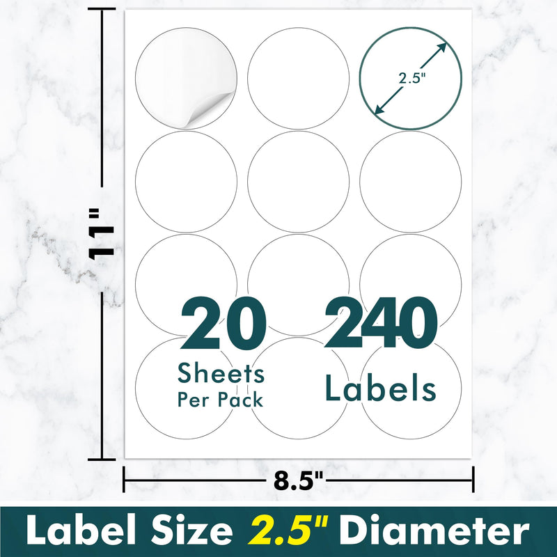 Koala Round Labels 2.5 Inch, Matte Waterproof Printable Circle Stickers for Inkjet and Laser Printer, 240 Circle Labels for Brand Logo, Bottle, Jar