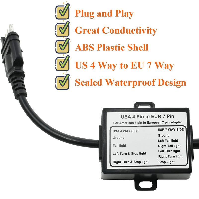 Oyviny US to EU Trailer Light Converter US 4 Way to EU 7 Way Trailer Light Adapter USA Vehicle 4-Pin Flat Plug to European Trailer 7-Pin Round Connector Plug and Play Waterproof Converter