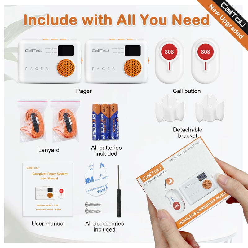 [Australia - AusPower] - CallToU Caregiver Pager Wireless Call Button 1000FT for Elderly Monitoring Vibration Call Bell Medical Alert System with Digital Display Low Power Reminder 2 Portable Receiver 2 SOS Call Button 2 Call Button + 2 Receiver 