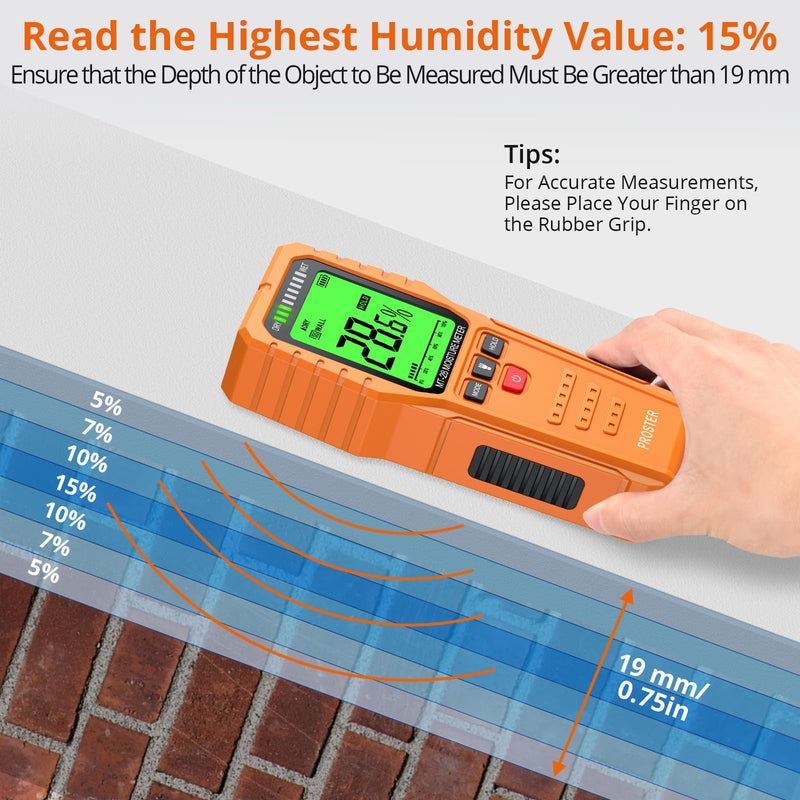 [Australia - AusPower] - Proster Pinless Wood Moisture Meter, Non-Destructive Moisture Detector Moisture Tester Detect up to 3/4 Inch Below Surface, Visual/Audible Alarm, with Storage Case Orange 