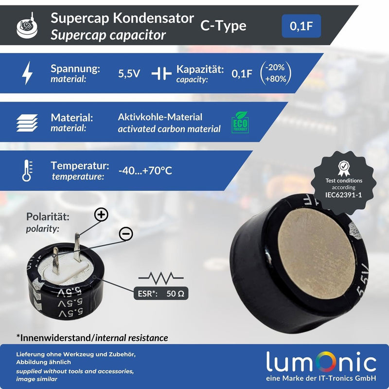 Lumonic 5 x Supercap 0.1F 5.5V C-Type | Direct-to-Use EDLC, High Capacity | 5.5V Monoblock - No Balancing Required | Flicker Protection, Backup, PLC Heating C-type (5x) 0,1F