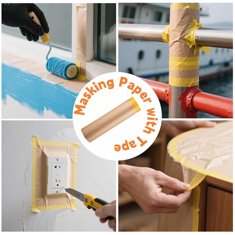 Painter's Pre-Taped Masking Paper and Masking Tape in one Kraft Paper 1 Pack 12" Wide x 65 Feet Long