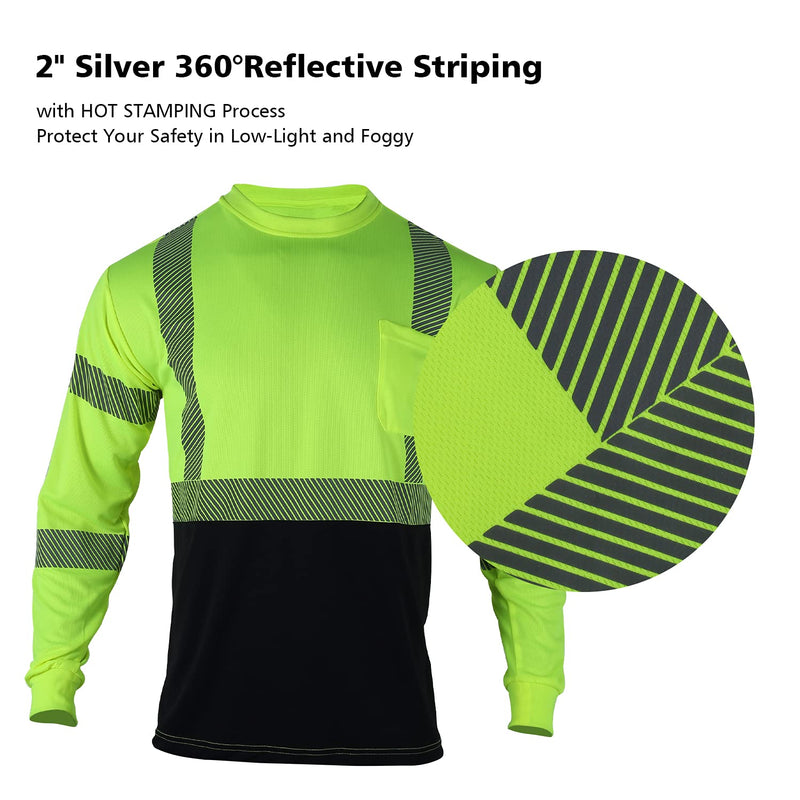 FONIRRA Safety Reflective High Visibility Shirts for Men ANSI Class 3 Hi Vis Long Sleeve Construction Work T-Shirts with Durable Reflective Tape, Yellow 3XL 3X-Large