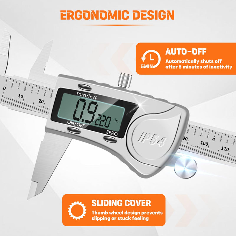 [Australia - AusPower] - HARDELL Digital Caliper, IP54 Waterproof Caliper Measuring Tool with 3-Batteries & Extra Cover, All Stainlee Steel Vernier Caliper Digital Micrometer, Inch/MM/Fraction for DIY/Household/3D-printing 
