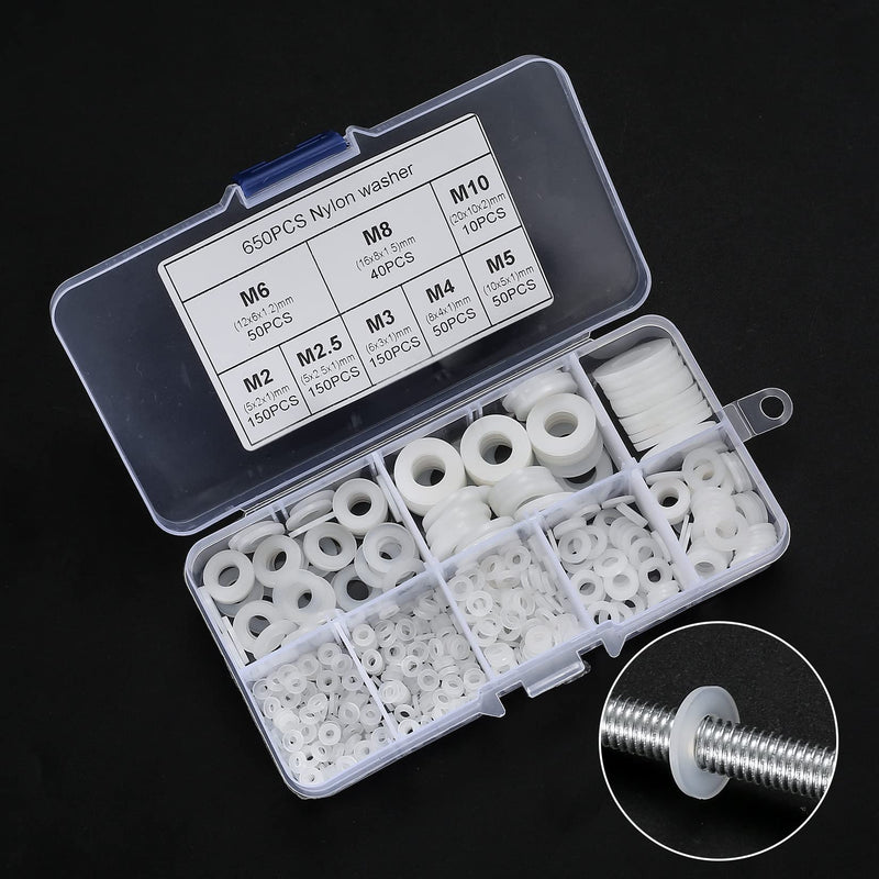 [Australia - AusPower] - YOUYIDUN-650 Pcs White Nylon Flat Washer Assortment Kit, Round Flat Nylon Washers for Household Commercial Appliances Electrical Connections, 5-20 mm, M2/M2.5/M3/M4/M5/M6/M8/M10 