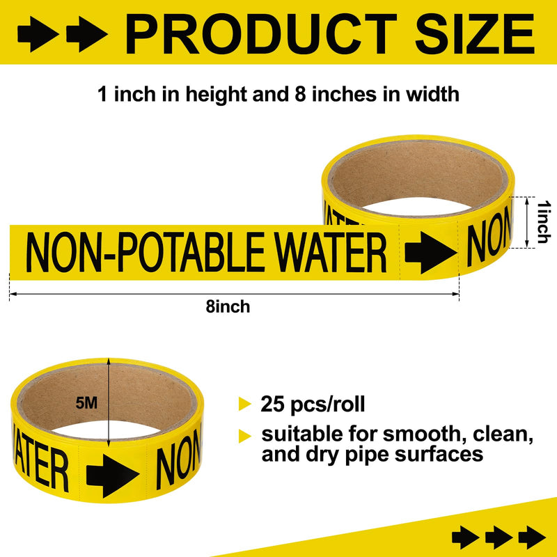 1 Roll Economy Pipe Markers - 1" Height x 8" Width Non-Potable Water Pipe Labels, Black On Yellow Self-Sticking Plastic Film