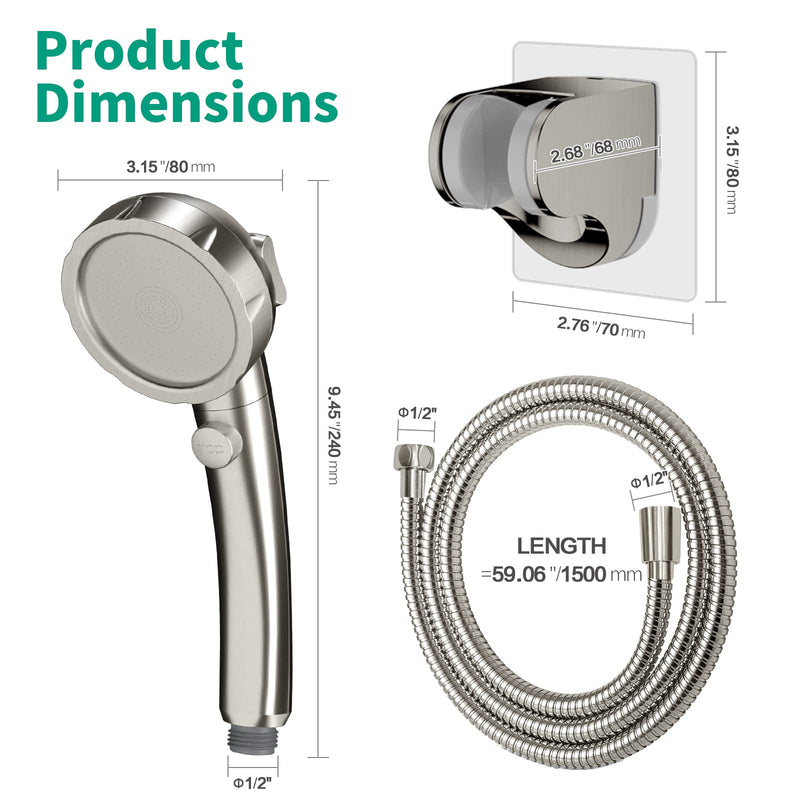 High Pressure Shower Head with Handheld, On Off Shower for RV, Water Saving Shower Head with Stop Button and 3 Modes, Detachable RV Shower Head with Hose and Bracket (Brushed Nickel) Brushed Nickel