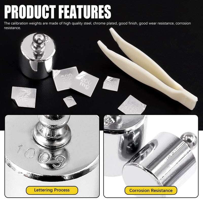 16pcs Precision Scale Calibration Weight Set 10/20/50/100/200g, 500/200/100/50/20/10mg Steel Weights Calibration with Tweezers for Digital Scale, Jewelry Scale (Total 500g)