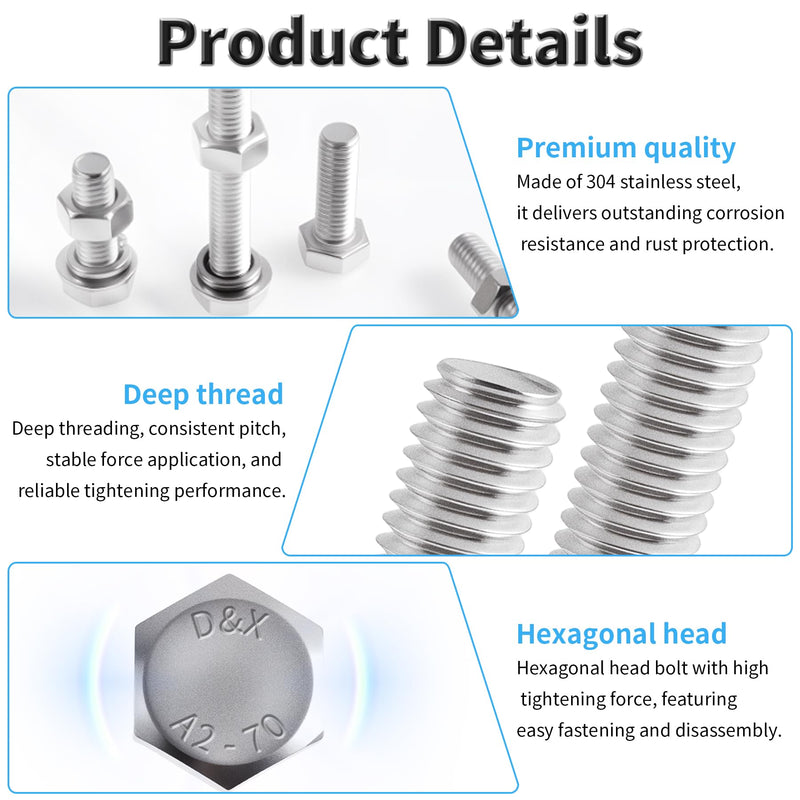 [Australia - AusPower] - 12 Set M8-1.25×60 Hex Head Screws Bolts, Nuts, Flat & Lock Washers,304(18-8) Stainless Steel Full Thread Hexagon Bolts with Nut & Washers for Heavy-Duty Fastening Applications 12Pcs M8-1.25×60 