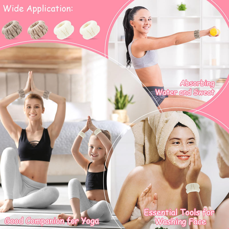 [Australia - AusPower] - Chuangdi 4 Pairs Wrist Bands for Washing Face Wrist Spa Microfiber Wash Towel Band Scrunchies Absorbent Wristbands Sweatband for Women Prevent Liquid from Spilling Khaki, Beige 