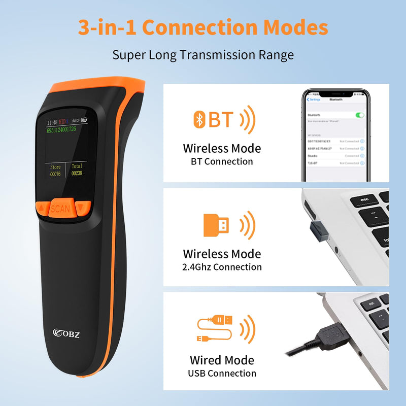 [Australia - AusPower] - OBZ Mini 2D Bluetooth Barcode Scanner with LCD Screen Display, 3-in-1 Bluetooth & USB Wired & 2.4G Wireless Bar Code Scanner Portable QR Code Scanner for Tablet iPhone MacOS Android iOS Windows PC POS M82-NEW 