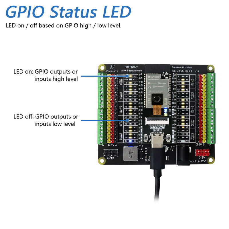 Freenove Breakout Board for ESP32 ESP32-S3 Development Board Protoboard | Terminal Block Shield HAT with Pin Header, GPIO Status LED, Multiple 5V 3.3V Power Outputs