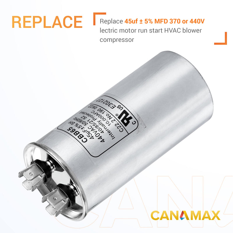 [Australia - AusPower] - Canamax 45 uf ± 5% MFD 370 Or 440V Round Run Capacitor - Replacement for Air Conditioner 50/60Hz for AC Motor Run or Fan Start and Cool or Heat Pump Air Conditioner 45uf 