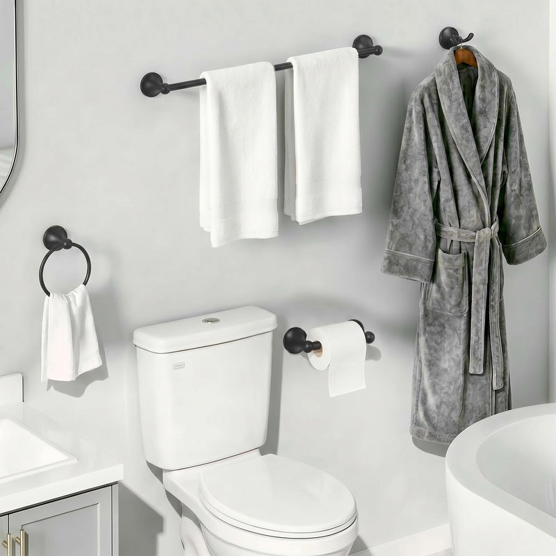 24-Inch Wall Mounted Towel Racks for Bathroom – Space Saver 4-Piece Durable Stainless Steel Bathroom Hardware Set with Towel Bar, Towel Ring, Toilet Paper Holder & Hook, Matte Black Cone