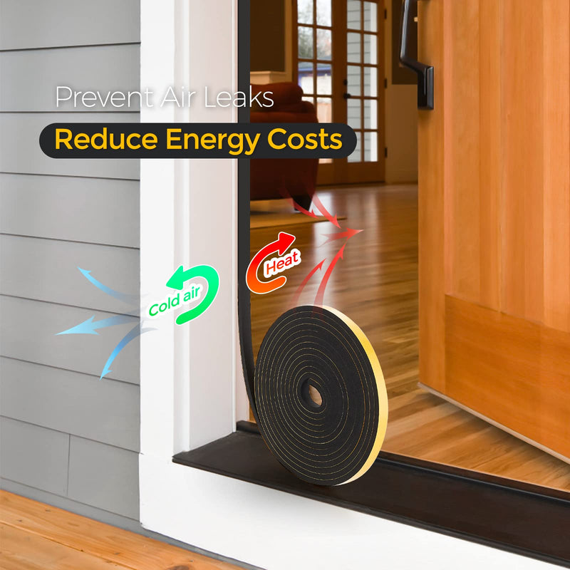 [Australia - AusPower] - 33 Feet Weather Stripping Door Seal- 1/2" Wide X 1/4" Thick Door Bottom Seal Strip High Density Foam Tape Adhesive Rubber Strip for Door Soundproofing,Window Insulation (1/2" x 1/4" x 33FT,Black) 1/2In x 1/4In x 33Ft Black 