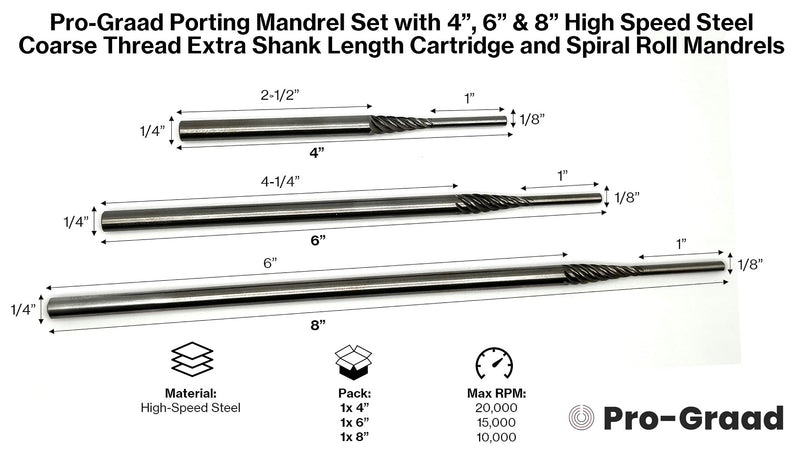 [Australia - AusPower] - 3 Piece Porting Mandrel Set with 4”, 6” & 8" High Speed Steel Coarse Thread Extra Shank Length Cartridge and Spiral Roll Mandrels Porting Mandrel Set 4", 6" & 8" 