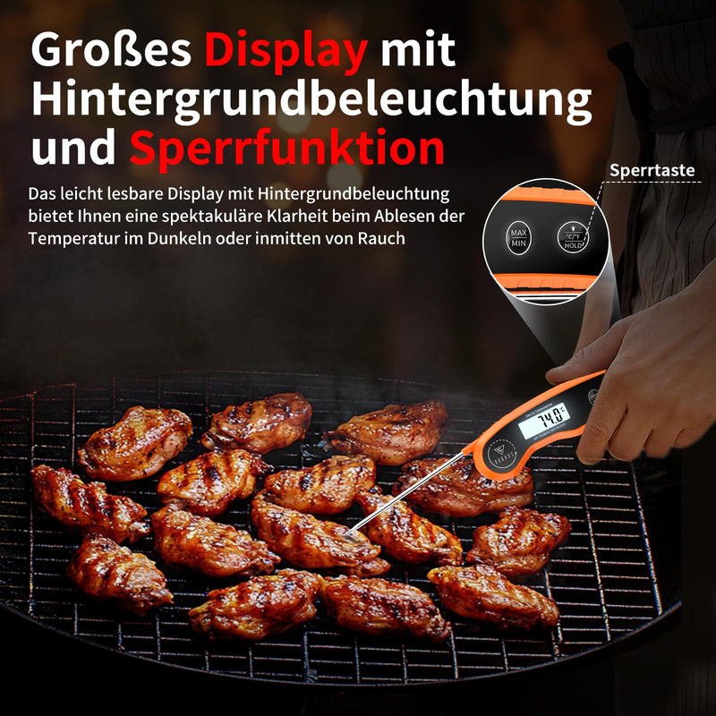 [Australia - AusPower] - DOQAUS Meat Thermometer, Cooking Thermometer with 3s Reading, Accuracy ±0.5°C, Digital Thermometer, Roasting Thermometer with LCD Backlight, Laboratory Thermometer for Kitchen, BBQ, Orange 