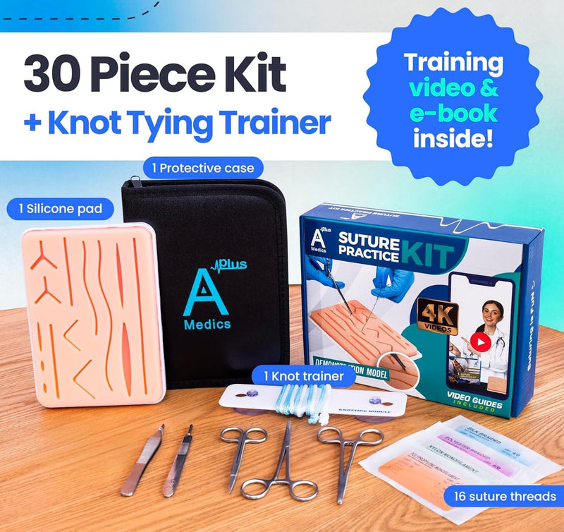 Complete Suture Practice Kit for Medical Students w/How-To Suture HD Video Course, Suture Training Manual & Carryall Case. All-in-One A Plus Medics Kit Including Suture Practice Pad (Education Use Only)