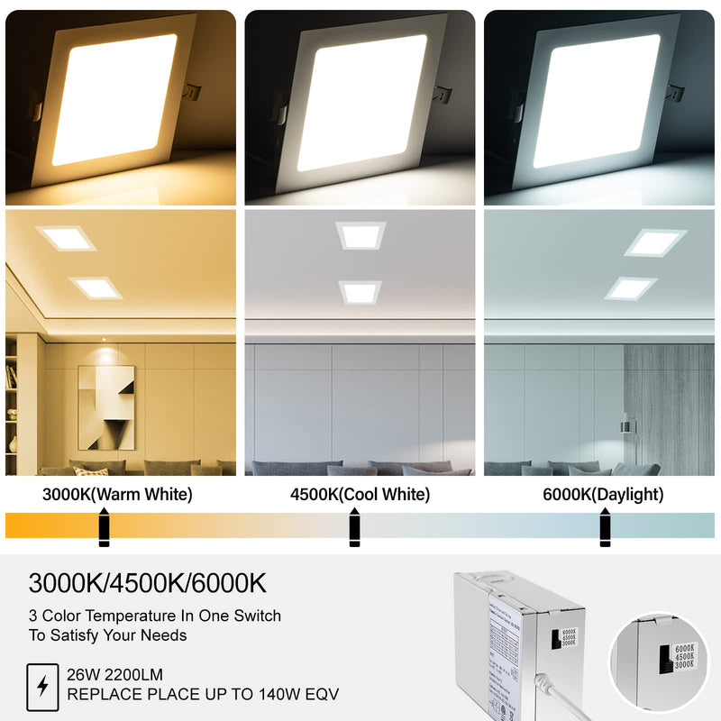 LZHOME 11 inch 26W Square LED Recessed Light, 3 Color Temperature Selectable & Dimmable Lamp, 2200 Lumens Ultra Thin Led Canless Downlight Lighting with Junction Box for Living Room Kitchen Bedroom… White-1-PACK 11Inch